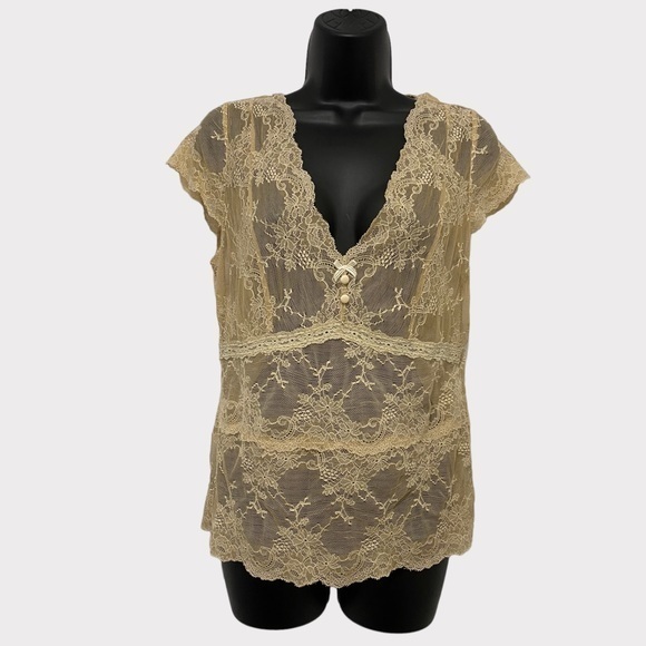 Banana Republic Tan Sheer Lace V-Neck Short Sleeve Top Size Medium - Picture 1 of 5